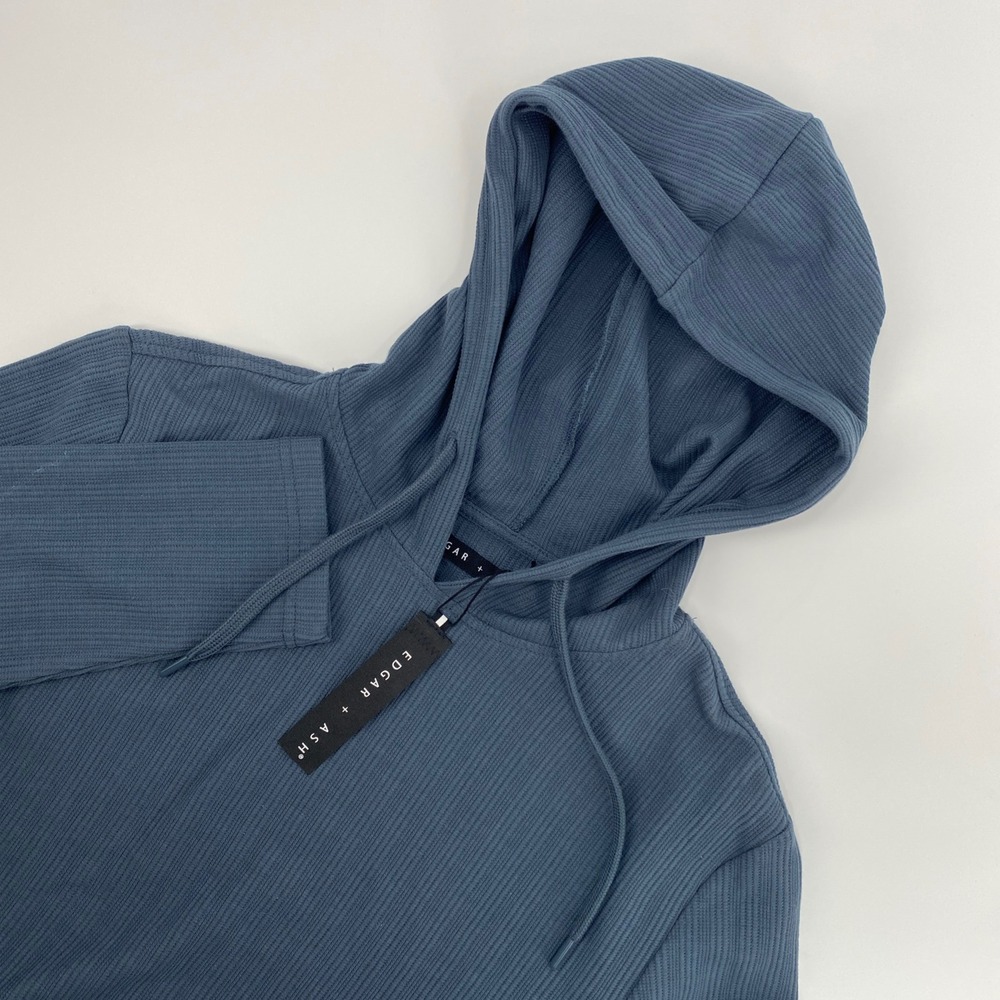 NEW Edgar Ash Hooded Shirt Mens Small Blue Ribbed Knit Curved Hem Hoodie Casual